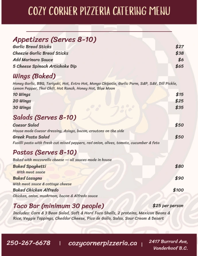 The "Appetizers and wings" section of the Catering menu