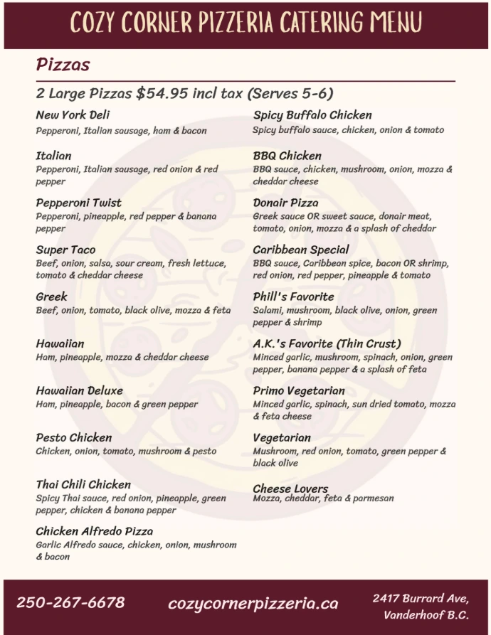 The "Pizza" section of the Catering menu